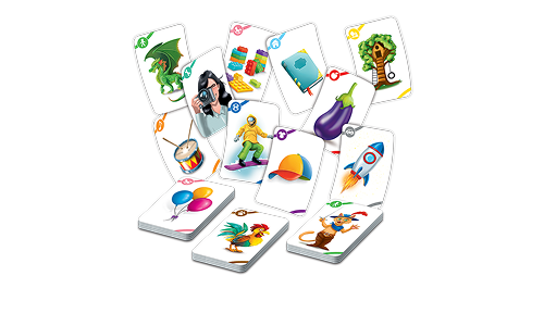 392 karty z ilustracjami podzielonymi na 7 talii w 11 kategoriach tematycznych