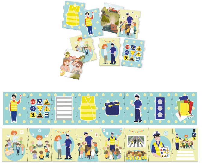 32 wielkoformatowe, dwustronne puzzle ilustrujące 4 historie